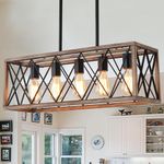 MUEOF Farmhouse Light Fixtures,5-Light Dining Room Light Fixture,Height Adjustable, Industrial Metal Kitchen Pendant Lighting Over Island, Chandelier for Dining Table Kitchen Sink, Wood Grain Finish.