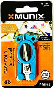 Munix FL-1243 112 mm / 4.4" Stainless Steel Foldable Scissors | Pointed Tip Blade with Lock Mechanism | Asymmetrical Handles for Easy Grip | Blue & Green, Pack of 2 - Color May Vary