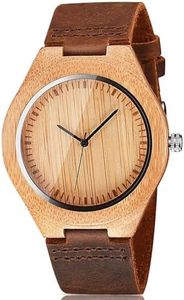 CUCOL Mens Wooden Watches Brown Cowhide Leather Strap Casual Watch for Groomsmen Gift with Box