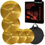 Cymbal Pack, Cymbal Set 14''/16''/18''/20'' (5 Pcs) | FREE Cymbal Bag included (Gold)