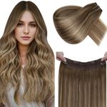 LaaVoo Wire Hair Extensions Human Hair Light Brown Balayage Fish Line Hair Extensions For Women Light Brown to Golden Blonde Balayage Wire Human Hair Extensions For Women Double Weft 12 Inch 80g