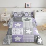 Homewish Stars Pattern Comforter Set,Purple Gray Grid Bedding Set for Kids Girls Women,Adults Starry Sky Comforter,Geometric Stitching Quilted Duvet Set Bedroom Collection Twin Size 2Pcs