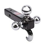 PEAKTOW PTT0062 Class III/IV 2 inches Trailer Hitch Triple Ball Mount with Hook, Hollow Shank Tow Hitch, Black & Chrome