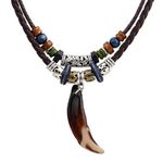 El Regalo Vintage Style Double Layers Black Braided Leather Tribal Necklace with Charm Fangs Tooth Pendant for Boys/Men- Bohemian Style Men's Jewelry- Gift for Him