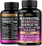 Resveratrol Supplement - 15000mg 19-in-1 Organic Polyphenol Complex - Noni Extract | Berberine | Quercetin | Apple Cider Vinegar | Acai - Made in USA - Antioxidant & Heart Health Support - 120 Caps