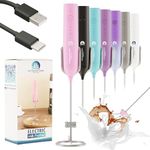 Rechargeable Milk Frother Wand with Stand, Foam Maker with Stainless Whisk, 3-Speeds Electric Handheld Drink Mixer for Coffee, Cappuccino, Latte, Matcha, Hot Chocolate (Pink)