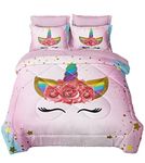 SIRDO Twin Bedding Sets for Girls Pink Unicorn Bed Comforter Sets with Sheets 5 Pieces Kid Girl Bed in a Bag Soft Princess Bedding Colorful Rainbow Bed Set Washable