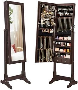 SONGMICS Jewelry Cabinet with 6 LED Lights, Lockable Mirrored Jewelry Armoire Organizer, 2 Drawers, Brown UJJC94K