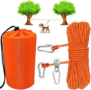 YOZOTI Dog Tie Out Cable for Camping, 50ft Portable Overhead Trolley System for Dogs up to 200lbs，Dog Lead for Yard, Camping, Parks, Outdoor Events, 5 min Set-up (Orange)