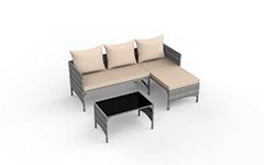 bigzzia Outdoor Rattan Patio Furniture Set with Chaise Lounge Sofa Set for Porch Garden, Space Saving L-Shaped Corner Sectional Chair with Glass Coffee Table (Grey)