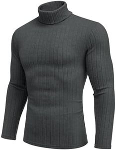 Ekouaer Mens Turtleneck Shirts Long Sleeve Slim Fit Pullover Sweaters Ribbed Thermal Underwear Tops Dark Grey