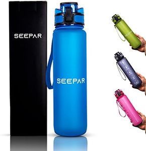 SEEPAR Water Bottle | Leak-Proof Drink Bottle with Time Markings - Removeable Filter, Lock Design and Push Button | BPA Free Tritan Plastic (Blue)