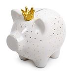 Truu Design Piggy Bank, Cute Ceramic Piggy Bank for Kids, Novelty Money Saving Box, Secure Personal Bank for Children, 6" L x 4" W x 5" H, White