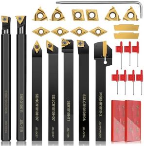 Indexable Lathe Turning Tool 21Pcs Kit 3/8'' 10mm Shank 7Pcs Metal Lathe Tools Holder Set with 14Pcs Turning Inserts for Turning Grooving Threading Boring Carbide Inserts Carbide Turning Tool