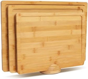 HAQQI 3 Piece Bamboo Cutting Board Set, Wooden Cutting Board for Kitchen with Holder & Juice Groove, Wood Chopping Block in Large, Medium, Small Size