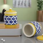 The Earth Store (Set of 2 600ML Each Handcrafted Yellow Blue Moroccan Ceramic Multipurpose Jar/barni with Lid for Pickle,chutney, Salt, Pepper Kitchen Spice, and Sugar Home Crockery/storage Container