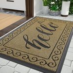 Yimobra Hello Front Door Mat, Heavy Duty Easy Clean Doormat Indoor Outdoor, Waterproof Quick Dry Floor Mat for Home, Garage, Hign Traffic Areas, Non Slip, Low Profile, 75x43 cm,Beige Brown