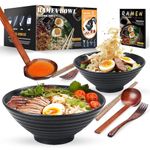 YTLEMON Ceramic Ramen Bowl Set of 2 - Porcelain Japanese Salad Noodles Cereal Fruit Pasta Soup Large Bowls 2×1000 ml 34 Ounces with Recipes Chopsticks Forks and Spoons for Party Camping(Black)