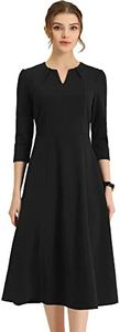 Allegra K Women's Elegant V Neck Pockets 3/4 Sleeve Work A-Line Dress Black X-Small