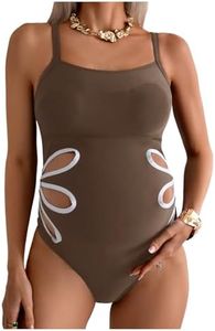 OYOANGLE Women's Maternity One Piece Swimsuits Cut Out Spaghetti Strap Pregnancy Bathing Suits Swimwear Brown Small