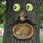 ALLADINBOX Tree Face Birdfeeder - Old Man with Glowing Eyes and Glasses in Dark Outdoor Tree Hugger Sculpture - Whimsical Garden Decoration and Wild Birdfeeder Yard Art