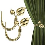 HIKMLK Gold Curtain Holdbacks 2pcs, Handmade Leaf Shaped Metal Curtain Holders for Wall Decor, Curtain Tieback for Drapes Window Decoration