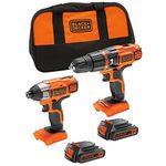 BLACK+DECKER 18 V Cordless Hammer Drill Power Tool with Impact Drill Driver and Storage Tool Bag, 2 x 1.5 Ah Lithium-Ion Batteries, BDCHIM18B-GB