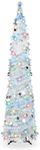 QBA 5FT Pop Up Christmas Tree with 90 Lights, Collapsible Tinsel Christmas Tree Slim Pencil Tree for Home Office Holiday Party, White