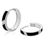 KRKC&CO Silver Hoop Earrings for Men, S925 Sterling Silver Mens Earrings 15mm Chunky, Iced Out Black Hypoallergenic 5A CZ Stones, Bling Earrings for Man Homme(Black Tone-Silver)