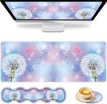 Game Mouse Pad Suit, Large Game Mouse Pad+Keyboard Wrist Pad+Coaster, Easily Typing and Relieving Pain, Foldable Table Pads, Suitable for Office Work and Home, Dandelion Floral