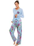 Famulily Womens Pyjama Sets Cotton Pjs Long Sleeve Pajamas Tops Bottoms Sleepwear Sky Blue S