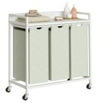 Herture Laundry Hamper with Shelf, Laundry Basket 3 Section, Laundry Sorter with Pull-Out Removable Large Bags and Movable Wheels, Metal Frame, 3 x 15.87 Gallons (60L), White PF04XLW