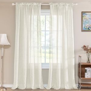 Turquoize Linen Sheer Curtains Natural Linen Semi Sheer Curtains Light Filtering Burlap Curtain Rod Pocket Window Treatments Panels/Drapes, Privacy Assured, 108 Inches Length (2 Panels, Ivory)