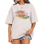 Wrenpies Car & Letter Graphic Print Tees Oversized Vintage Boyfriend Baggy T Shirts for Women Aesthetic Casual Summer Tops (Beige,S,Small), Zg-beige, Small