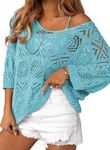 Dokotoo Summer Tops 2025 Crochet Tops for Women Hollow Out 3/4 Sleeve Pullover Sweater Off Shoulder T-Shirts Country Concert Outfits for Women Bathing Suit Cover Up for Women Mist Blue Small