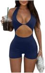 MakeMeChic Women's Cut Out Sleeveless Halter Bodycon Romper Backless Unitard Short Yoga Jumpsuit Blue Small