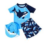 Baby Boys Cartoon Shark Two Pieces Swimsuit Bathing Suits Little Kids Swimwear Rashguard T-Shirt+Boyshort with Hat Cover Up (White, 1-2 Years Old)