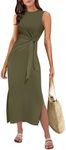 ANRABESS Womens Summer Casual Sleeveless T Shirt Midi Dress Slim Fit Tie Waist Split Tank Long Dresses 2025 Vacation Sundress Army Green Medium