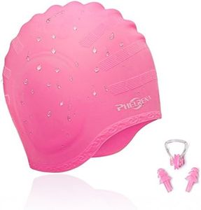 PHELRENA Swimming Cap Waterproof Premium Silicone Solid Long Hair Earmuffs Swim Cap Flexible Reversible for Adults Kids Women Men, Keeps Hair Clean Ear Dry, Free with Nose Clip and Ear Plugs