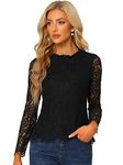 Allegra K Women's Lace Top Long Sleeve Ruffle Neck Floral Blouse, Black, Large