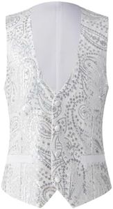 PYJTRL Mens Fashion Full Sequins Paillette Waistcoat White，XL