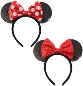 UNSPAZ Shiny Sequin Mouse Ear Headbands, 2 PCS Classic Bow Headbands for Adult Women and Girls (Red Sequin & Red Dot)