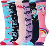 ANTSANG 6 Pairs Girls Knee High Socks for Kids Tall Long Fun Crazy Boot Socks Funny Animal Child Cute Socks（F-Flamingo&Cat ，3-12 Years Old）