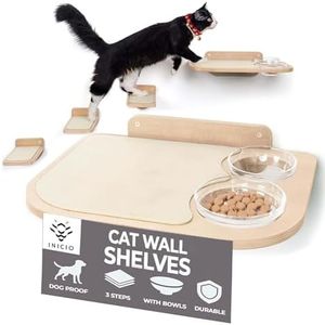 Beautiful Cat Wall Shelves - Unique Cat Wall Furniture Made from Birch - Cat Shelf and 3 Cat Wall Steps Included - Cat Feeding Shelf with Glass Bowls - Easy to Install Cat Shelves