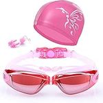 4 in 1 Adult Swim Goggles With earplugs Swim Caps Nose Clips kit No Leaking UV Protection Swimming Goggles (Pink)