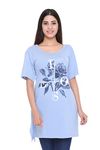 CUPID Women Cotton Round Neck Half Sleeves T-Shirt,Night n Sleep Wear,Daily Use Gym/Lounge Wear Long Tops with Pocket_Sky Blue_Large