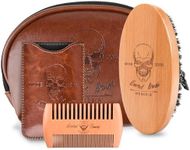 Menesia Beard Brush and Comb set, Boar Bristle Hair Beard Brush Kit with Small Leather Travel Toiletry Bag Case for Men, include Men's Wooden Mustache Comb & Nose Hair Scissors