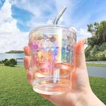 HARKNOX Glass Tumbler Sipper Coffee Mug with Lid and Straw Aestheic Cute Mason Jar Iced Tea, Fruit, Juice, Water Drinking Cups Bottle Glasses Hot Cold Drinks Milk Shake Chocolate Beverages (Rainbow)