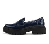 Soda “Eureka” ~ Women Slip On Platform Penny Loafer Lug Sole with Stitched Detail, Navy Patent, 4 UK