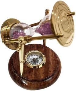 Room Decoration Brass Sand Timer with Wood Compass Base Revolving Timer |Height 5 Inches 1 Minutes| Nautical Gift Item